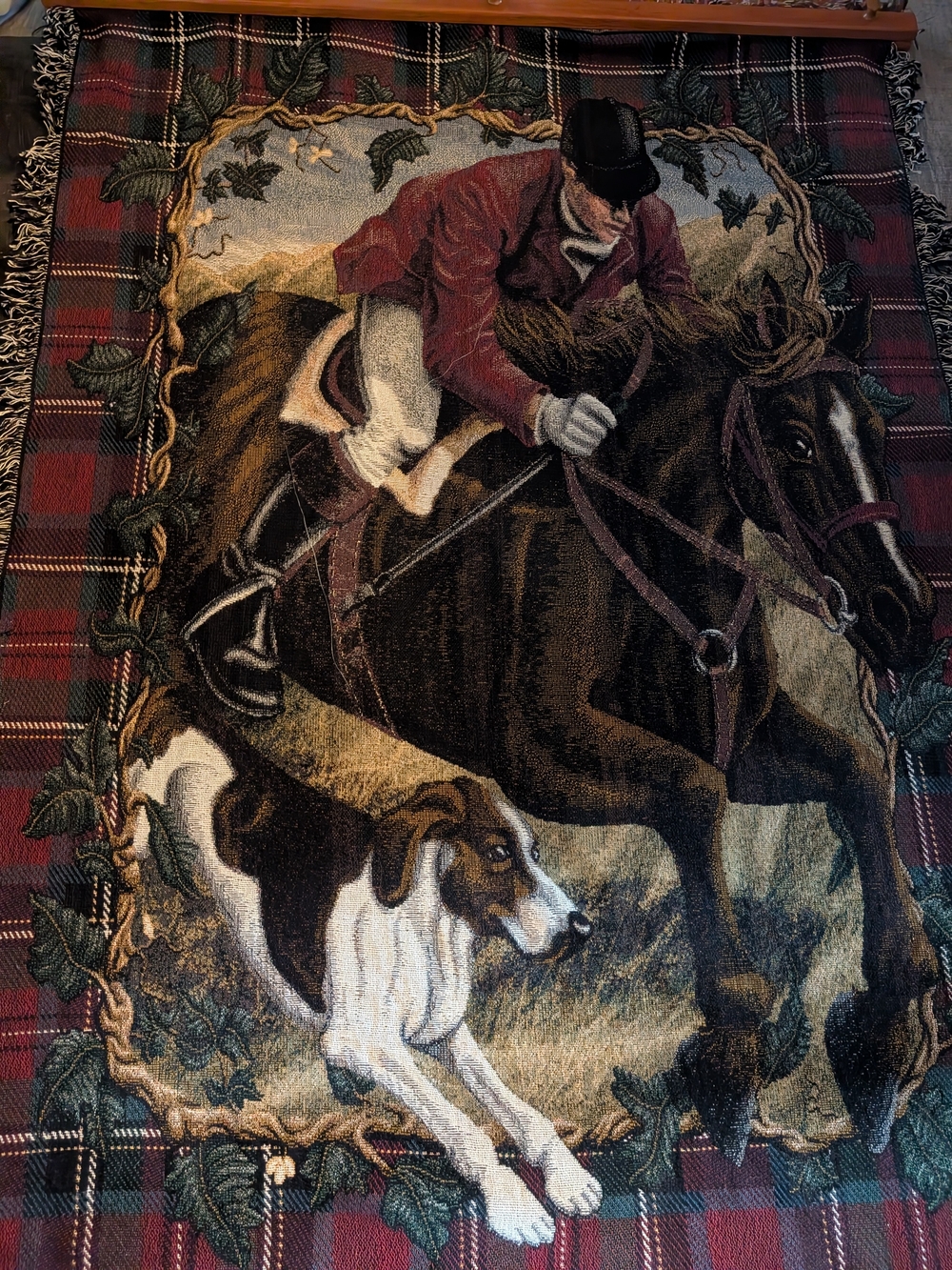 Vintage Red, Brown, Black Equestrian Hunting Scene Wall Tapestry